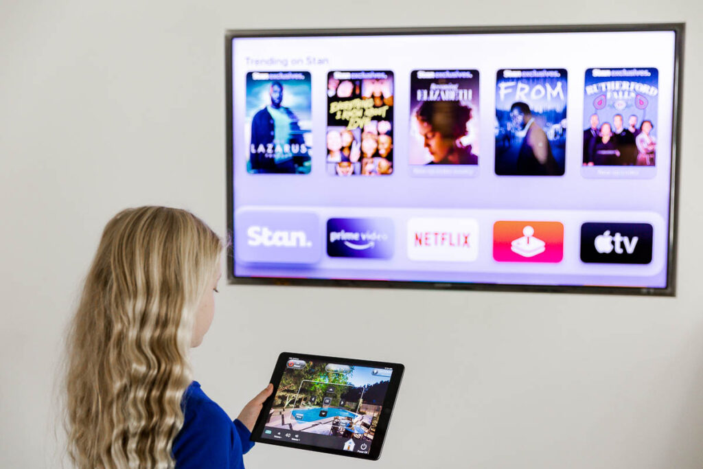 Audio visual demonstration with smart home automation on a TV, C-Bus